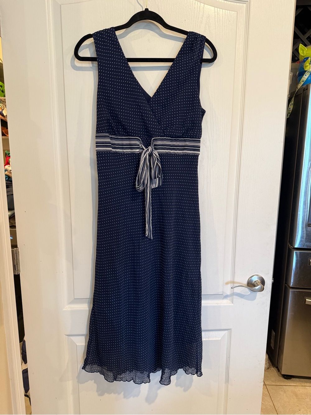 Believe Vintage 90s navy blue white Polka Dot empire tie waist Midi Dress Sz 12